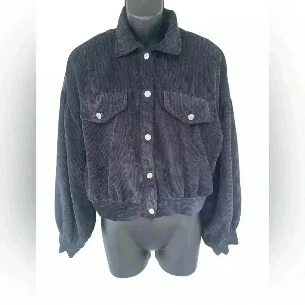 SHEIN women’s corduroy black cropped jacket puffy sleeve patched pockets sz S - Picture 3 of 8